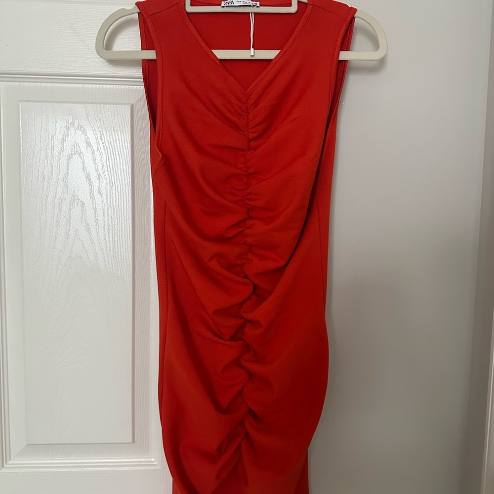 Zara Vibrant Red Ruched Midi Dress